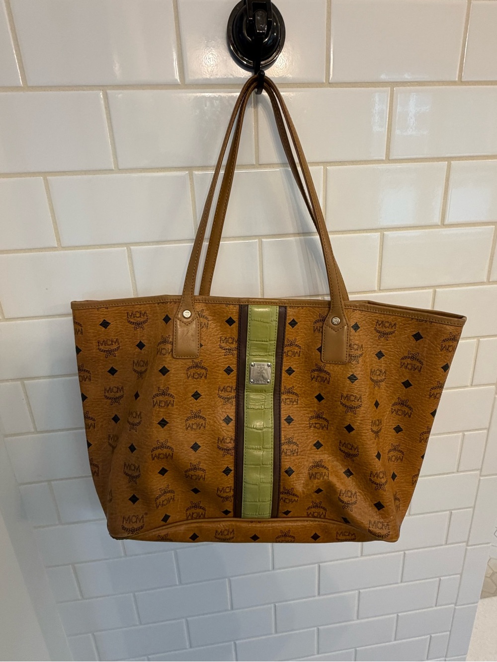 MCM Cognac Visetos Tote with Olive Center Stripe